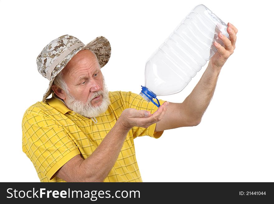 Senior man with empty plastic bottle