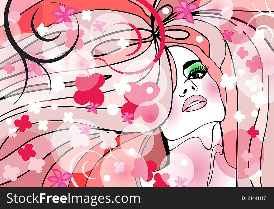 Illustration of beautiful woman with red hair, fflowers and curles. Illustration of beautiful woman with red hair, fflowers and curles