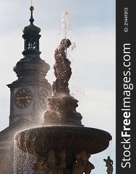 Fountain of the Samson, dating from 1721-1727, and the 16th century Town hall tower in Ceske Budejovice, Czech Republic. Fountain of the Samson, dating from 1721-1727, and the 16th century Town hall tower in Ceske Budejovice, Czech Republic.