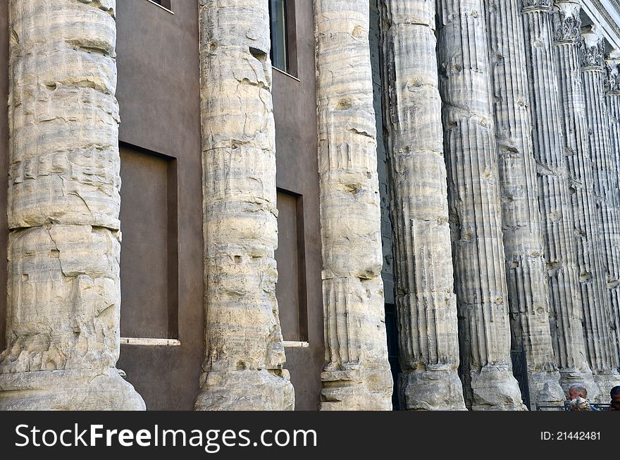 Pantheon columns in the center of ancient Rome in Italy