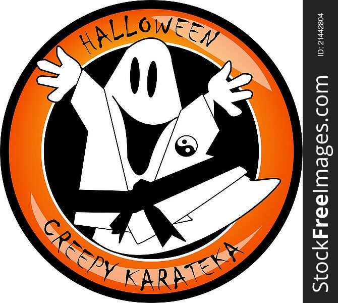 Ghost dress karateka. Use jacket with belt and a pin. Black and orange background. Ghost dress karateka. Use jacket with belt and a pin. Black and orange background