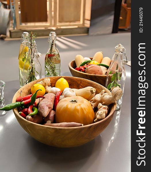 Autumn still life with vinegar on table. Autumn still life with vinegar on table