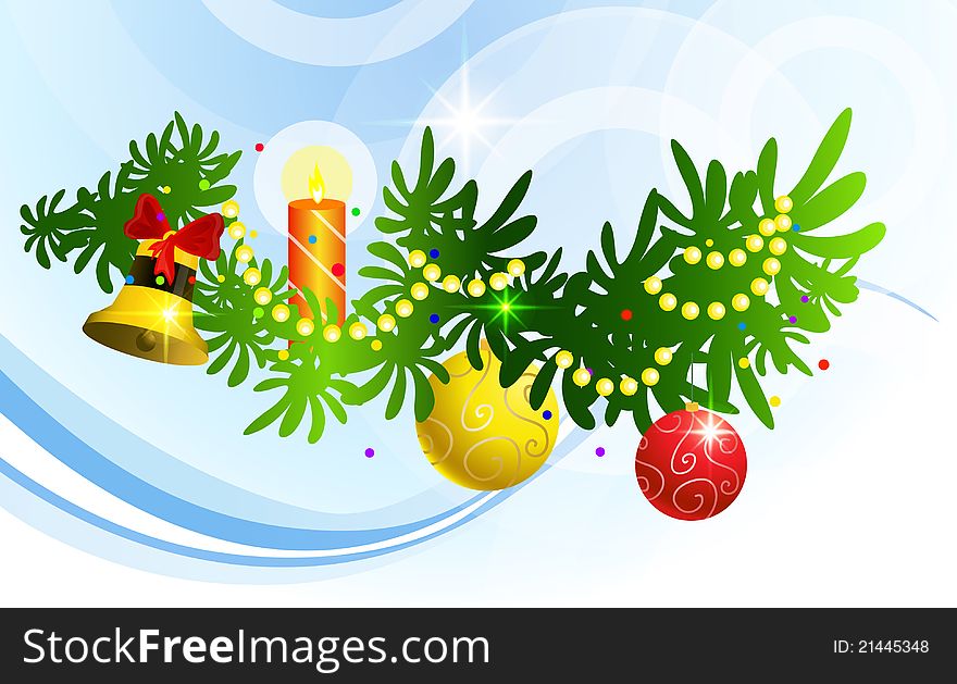 Decorated Christmas tree branch against a blue background. Decorated Christmas tree branch against a blue background