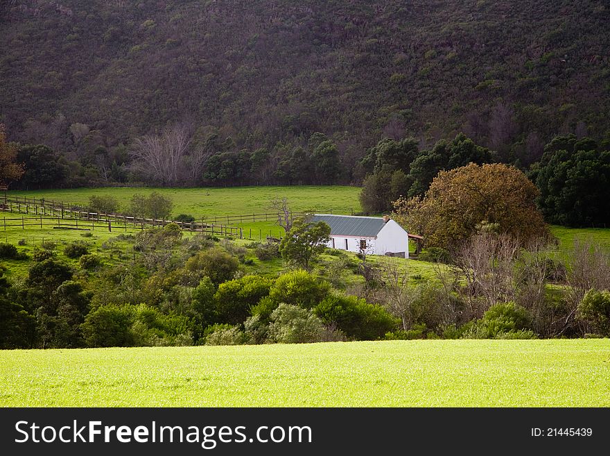 Farm landscape with an old farm house in the Overberg, Western Cape, South Africa. Farm landscape with an old farm house in the Overberg, Western Cape, South Africa