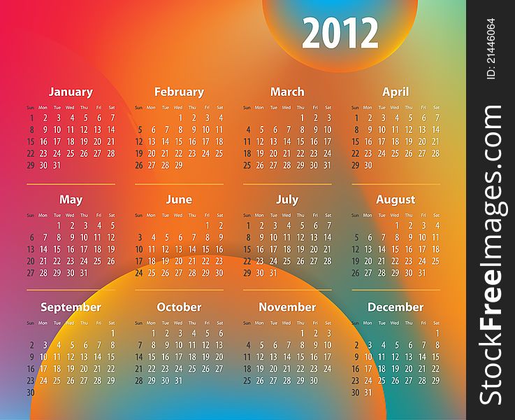 Calendar for 2012 year on colorful background. Sundays first. Vector