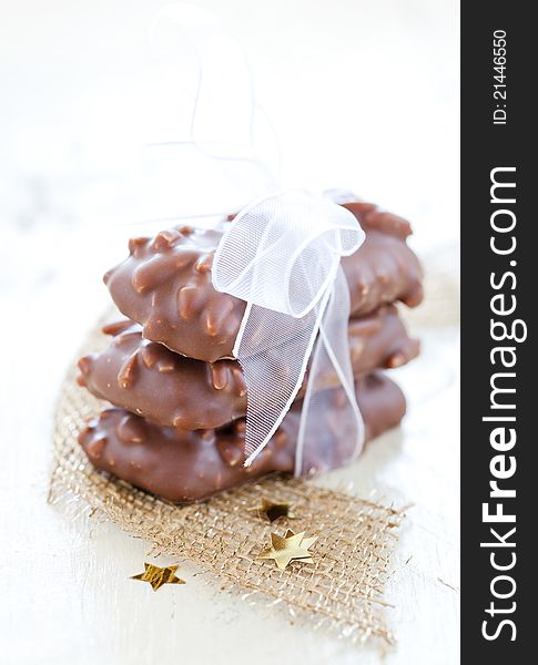 Fresh gingerbread cookies with almonds and ribbon. Fresh gingerbread cookies with almonds and ribbon