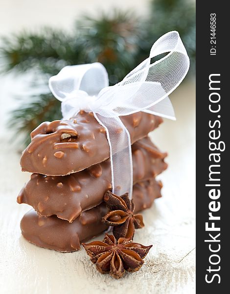 Fresh gingerbread with chocolate and ribbon. Fresh gingerbread with chocolate and ribbon
