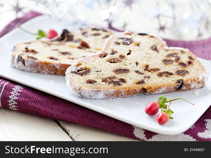 Fresh sliced stollen on a plate. Fresh sliced stollen on a plate