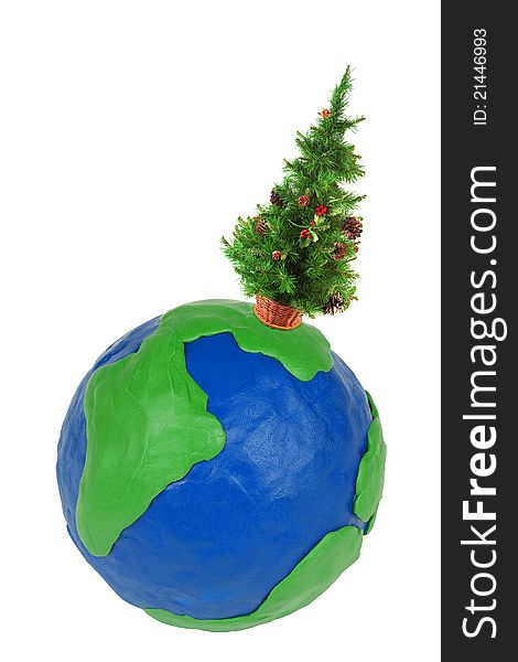 Festive Christmas tree and globe on white background