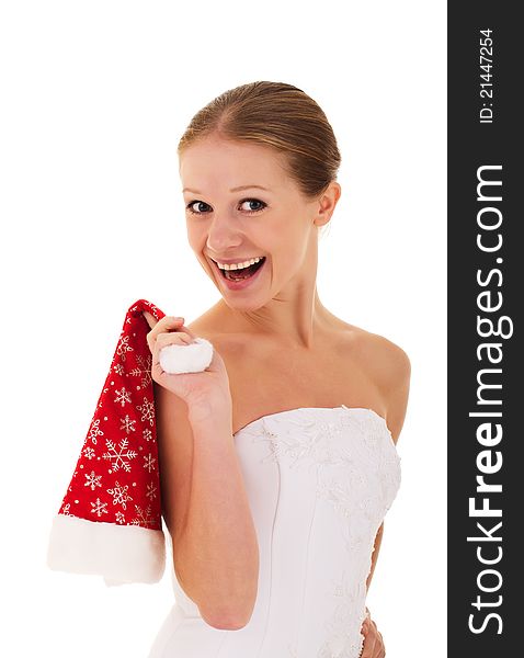 Young happy cheerful woman holding a  Christmas hat. Young happy cheerful woman holding a  Christmas hat