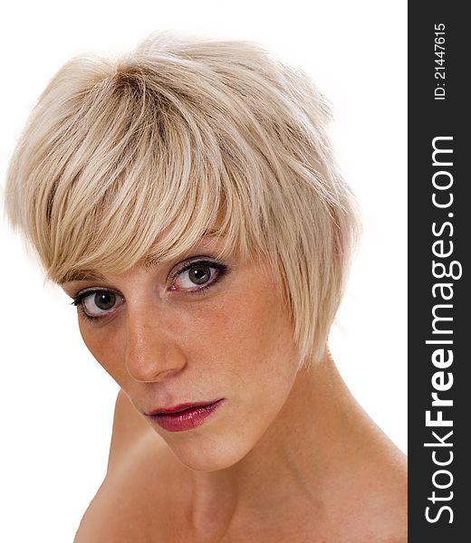 Headshot of blond model against a white background. Headshot of blond model against a white background.
