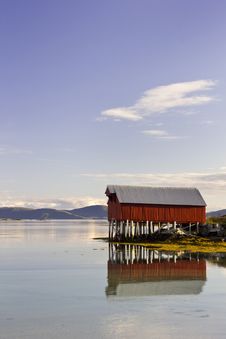 Red Boat House Reflected, Troms County, Norway Royalty Free Stock Images Red Boat House Reflected, Troms County, Norway Royalty Free Stock Images
