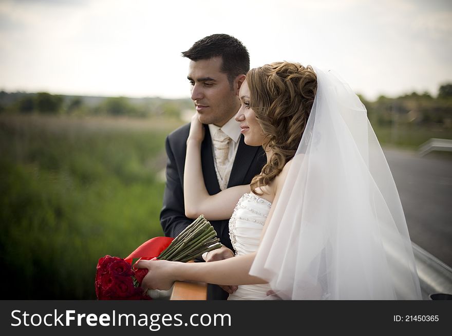 Portrait of happy and beautiful groom and bride embracing. Portrait of happy and beautiful groom and bride embracing