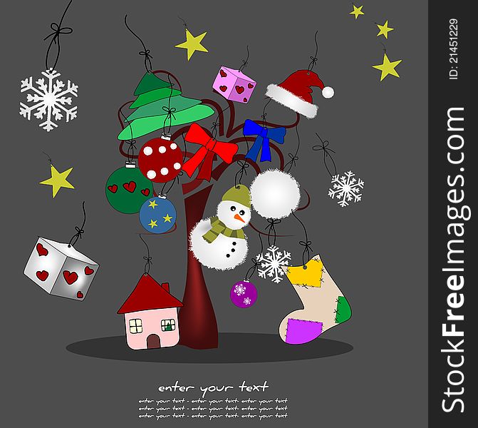 Christmas illustration of a gray background with a lot of nice and colorful decorations. Christmas illustration of a gray background with a lot of nice and colorful decorations