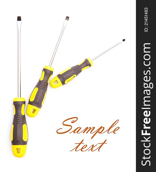 Three screwdrivers on white with sample text. Three screwdrivers on white with sample text