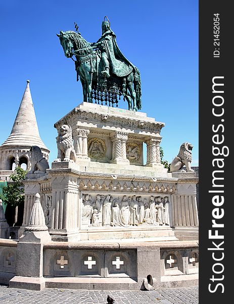 Saint Istvan statue and fisherman's bastion in Budapest, Hungary