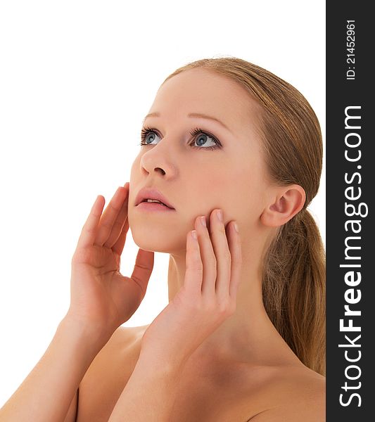 Portrait of a beautiful healthy girl on a white background