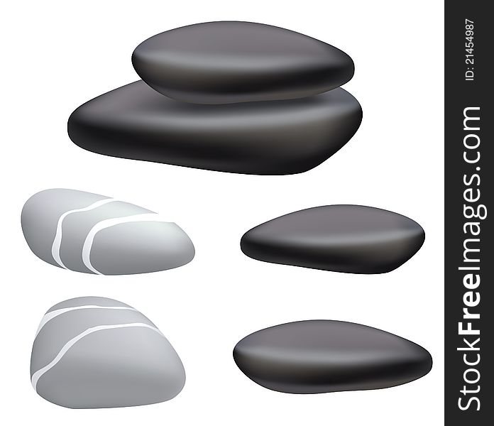 Dark and gray pebbles on a white background.