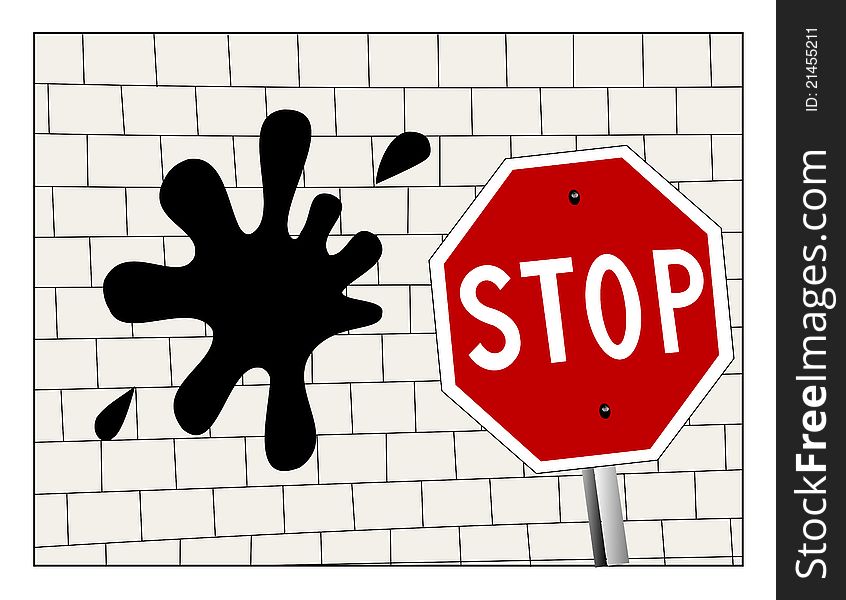 Stop sign in front on a splat on a brick wall. Stop sign in front on a splat on a brick wall.