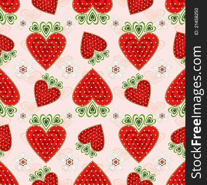 Pink seamless valentine pattern with decorative strawberry and flowers. Pink seamless valentine pattern with decorative strawberry and flowers