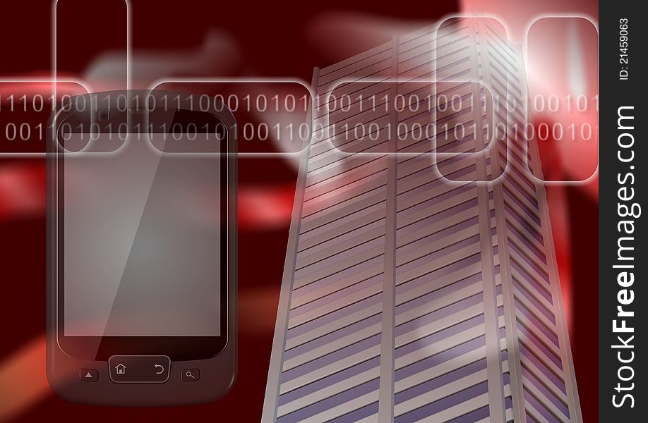 A city building and a mobile phone with binary code in the background. A city building and a mobile phone with binary code in the background