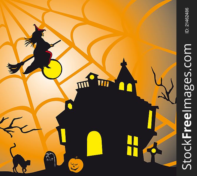 Halloween theme square card with castle and witch