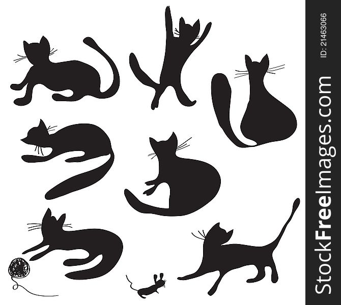 Cat silhouettes set funny cartoons