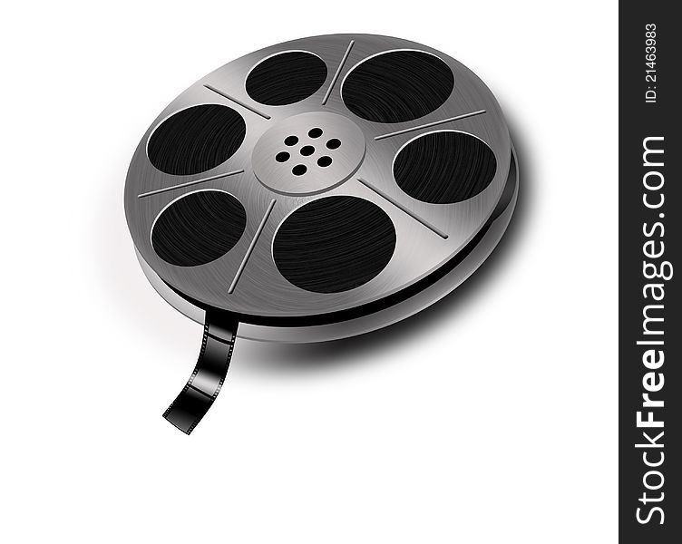 Old film reel with film on white background