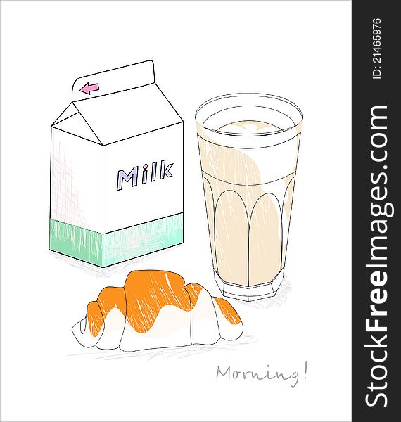 Vector drawing of the milk, glass and croissant. Vector drawing of the milk, glass and croissant