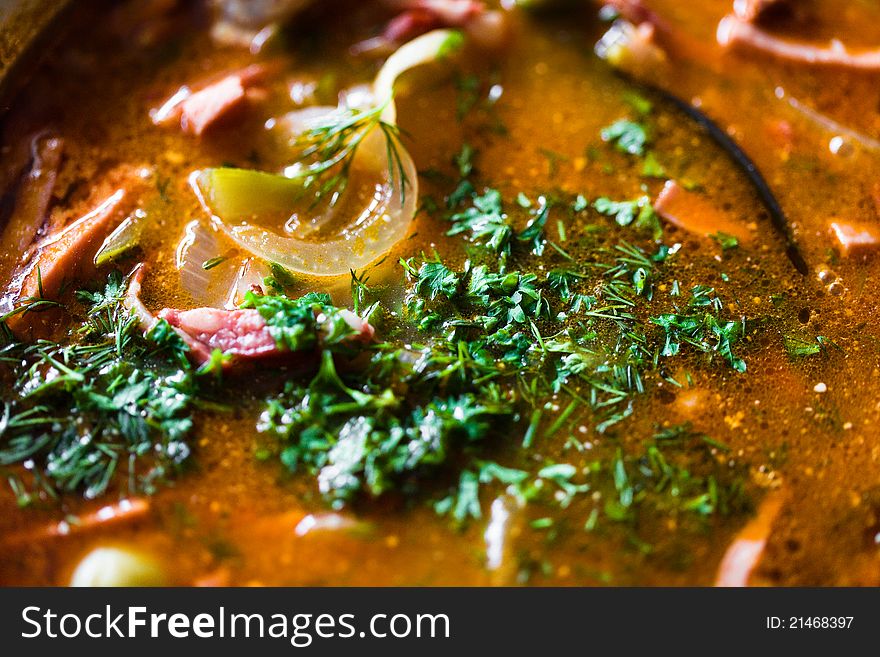 Borsch - soup, sprinkled with chopped green onion and parsley, closeup