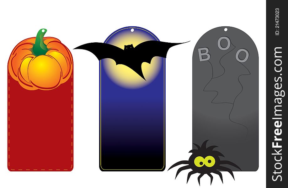 Set of funny halloween tags with pumpkin, bat and spider.