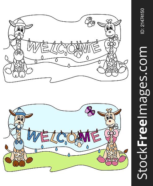 Illustration of two cute giraffes stylized like newborn babies holding washing line with text WELCOME - coloring book for children. Illustration of two cute giraffes stylized like newborn babies holding washing line with text WELCOME - coloring book for children