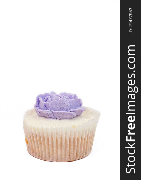 Fresh vanilla cupcake with purple buttercream icing rose on white background. Fresh vanilla cupcake with purple buttercream icing rose on white background