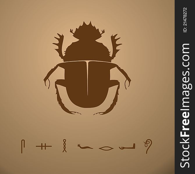A Scarab Beetle illustration on a light brown background with hieroglyphs. A Scarab Beetle illustration on a light brown background with hieroglyphs.