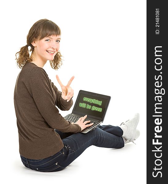 Young girl with laptop on white background with clipping path and shadow. Young girl with laptop on white background with clipping path and shadow