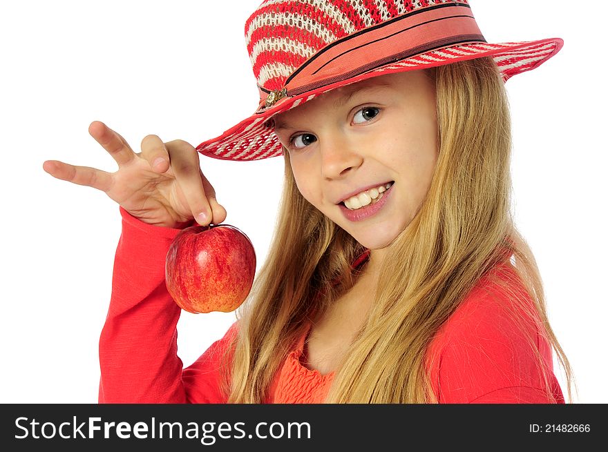 Girl holding apple. Isolated over white. Girl holding apple. Isolated over white