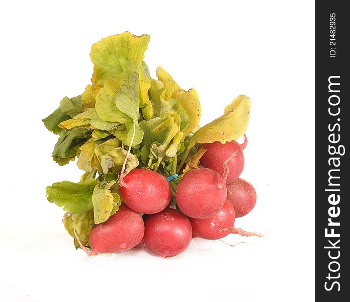 The bunch of a garden radish with leaves lies on a table. The bunch of a garden radish with leaves lies on a table