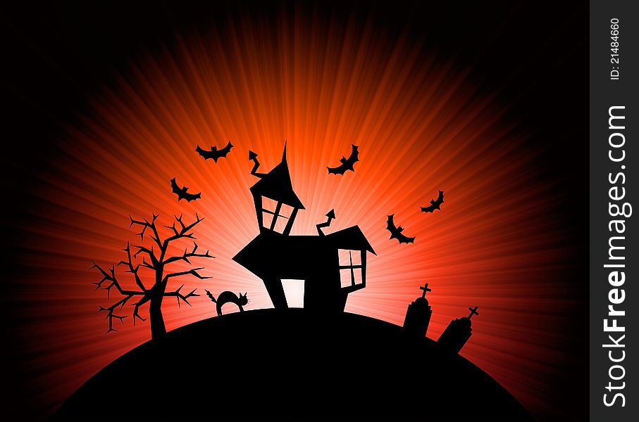 Terror night halloween background with house, cat, tombs and trees. Terror night halloween background with house, cat, tombs and trees.