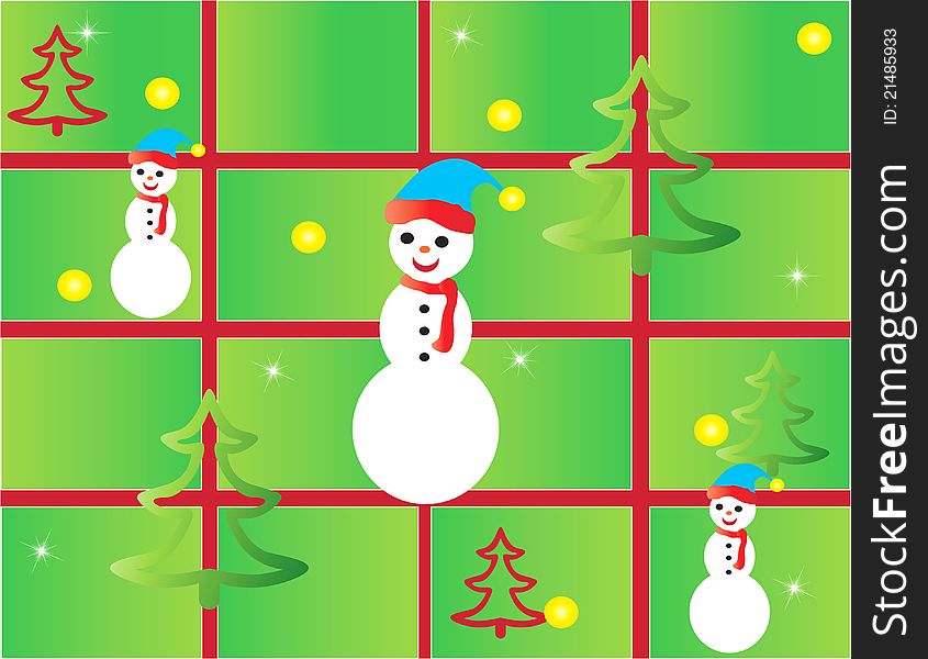 Christmas card background illustration balls ribbon snow red stars gift voucher tree snowman green gold human children tree santa claus. Christmas card background illustration balls ribbon snow red stars gift voucher tree snowman green gold human children tree santa claus