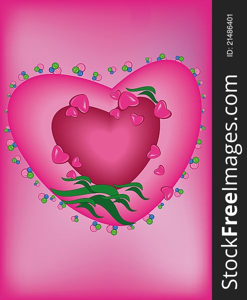 Heart on a pink background decorated with little hearts and colorful elements. Vector illustration.