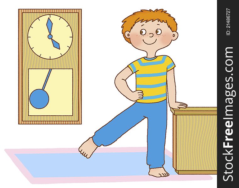 Little boy waved his leg, portraying a pendulum clock. Little boy waved his leg, portraying a pendulum clock