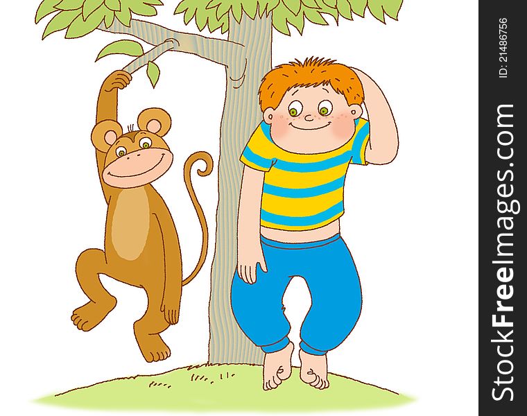 Little boy shows the monkey. Little boy shows the monkey
