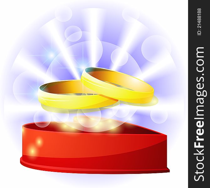 Open red box with two wedding rings and shining. Open red box with two wedding rings and shining