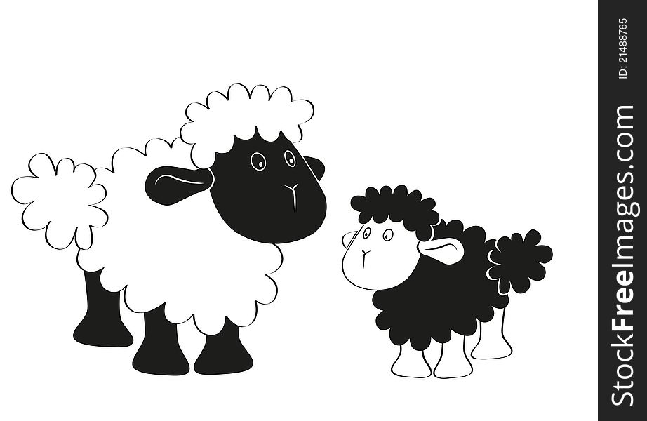 Black and white sheep cartoon  illustration,. Black and white sheep cartoon  illustration,