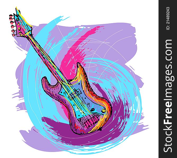 Hand drawn colorful illustration of electric guitar, created as very artistic painterly, for your design, easy to edit. Hand drawn colorful illustration of electric guitar, created as very artistic painterly, for your design, easy to edit