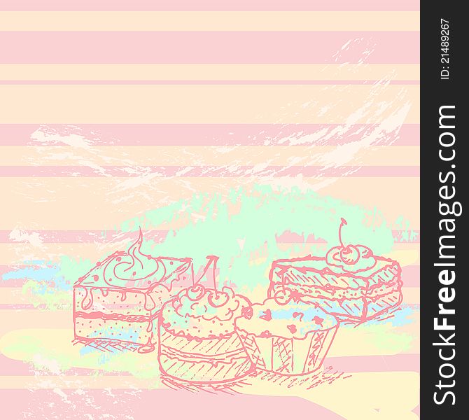 Hand drawn tasty cakes background, created as very artistic painterly