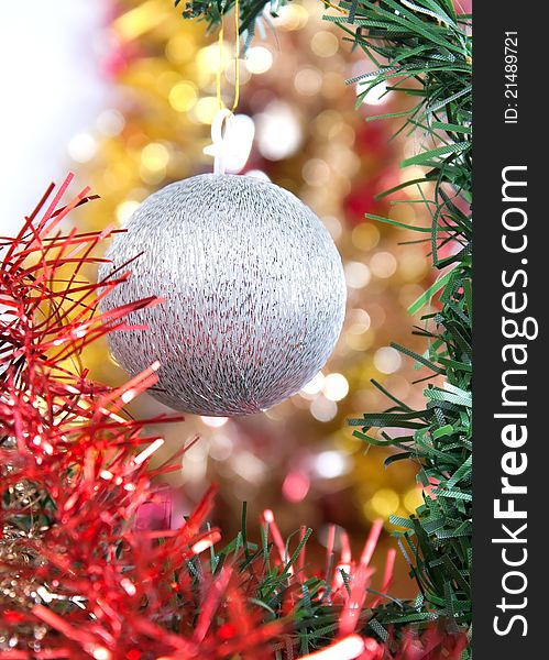 Silver ball as a decoration on Christmas tree