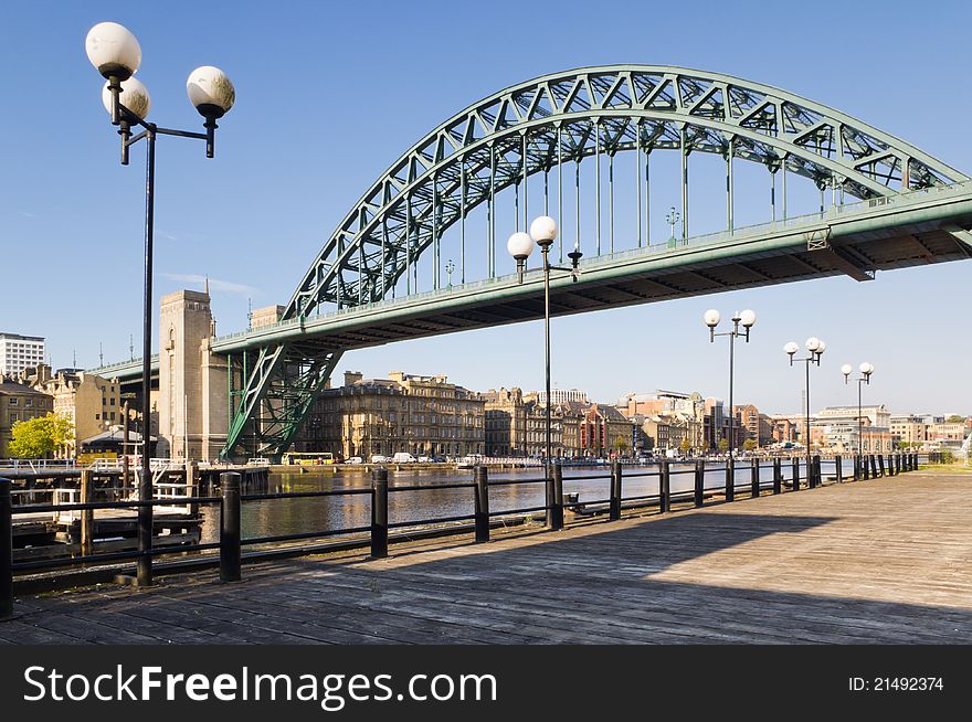 View of Tyne bridge with lamp posts from the south bank