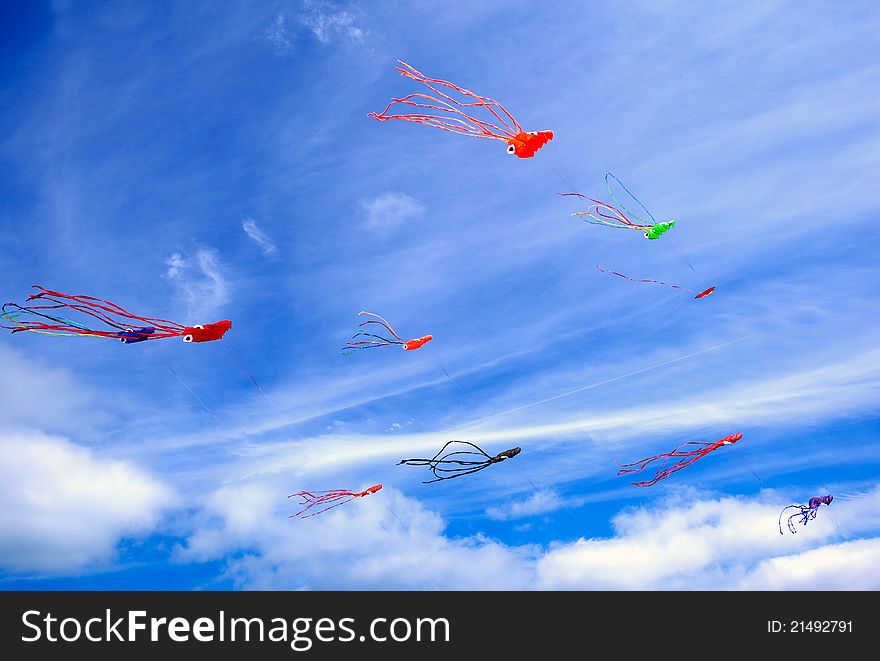 Colorful kites and blue sky