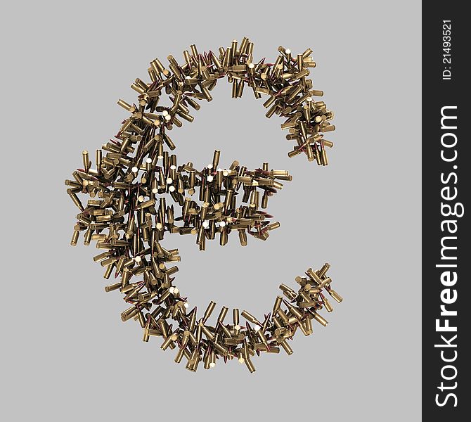 Euro sign made of bullets on grey